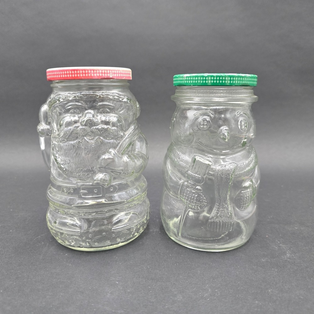 Vintage Kraft Christmas Glass Jars Set Santa Claus Snowman Holiday Decor 2pc